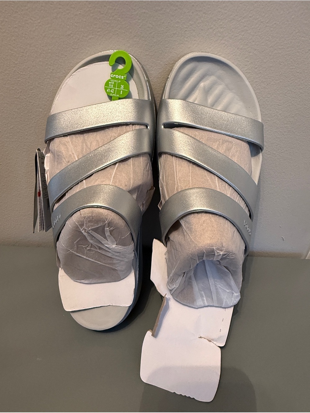 CROCS Silver Getaway Metallic Triple-Strap Slide Sandals